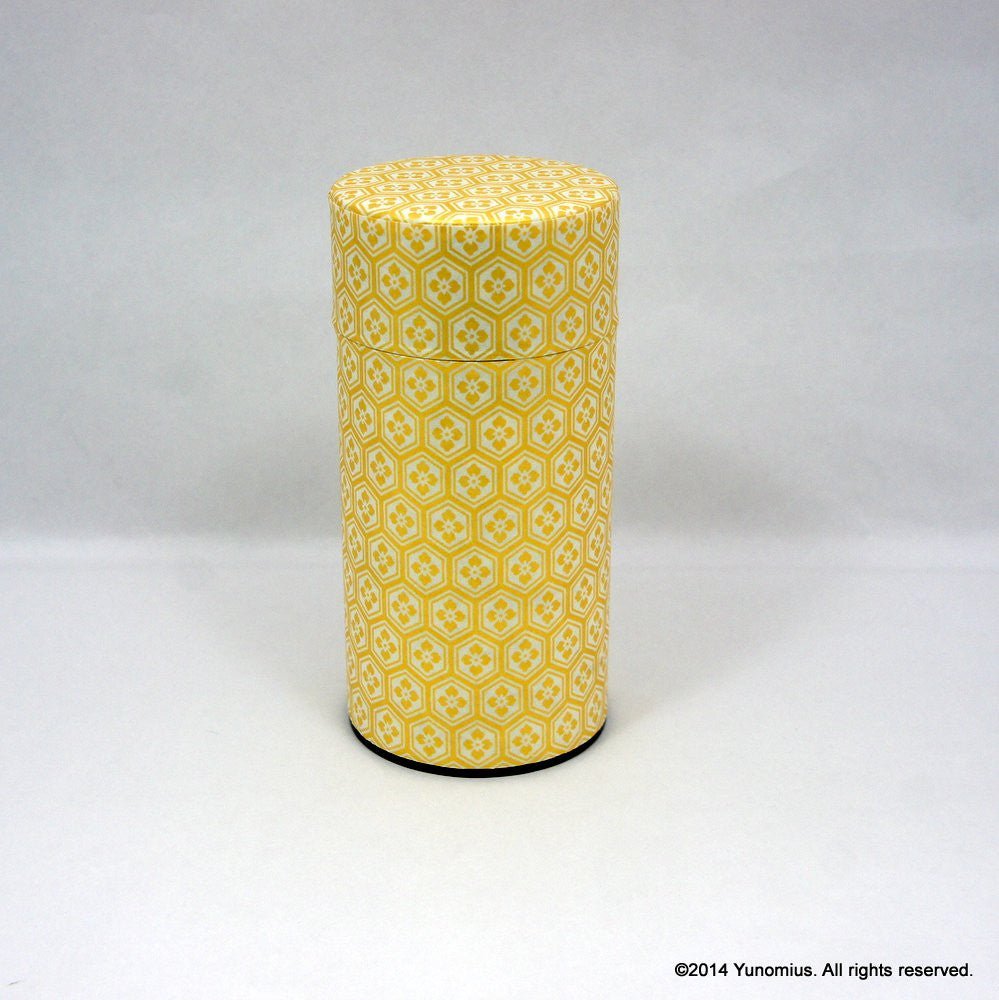 Okumura Seikan: Tea Canister, Chiyogami Washi Paper, Gold and White Tortoiseshell Pattern (size for 175g sencha) - natsumiya.live