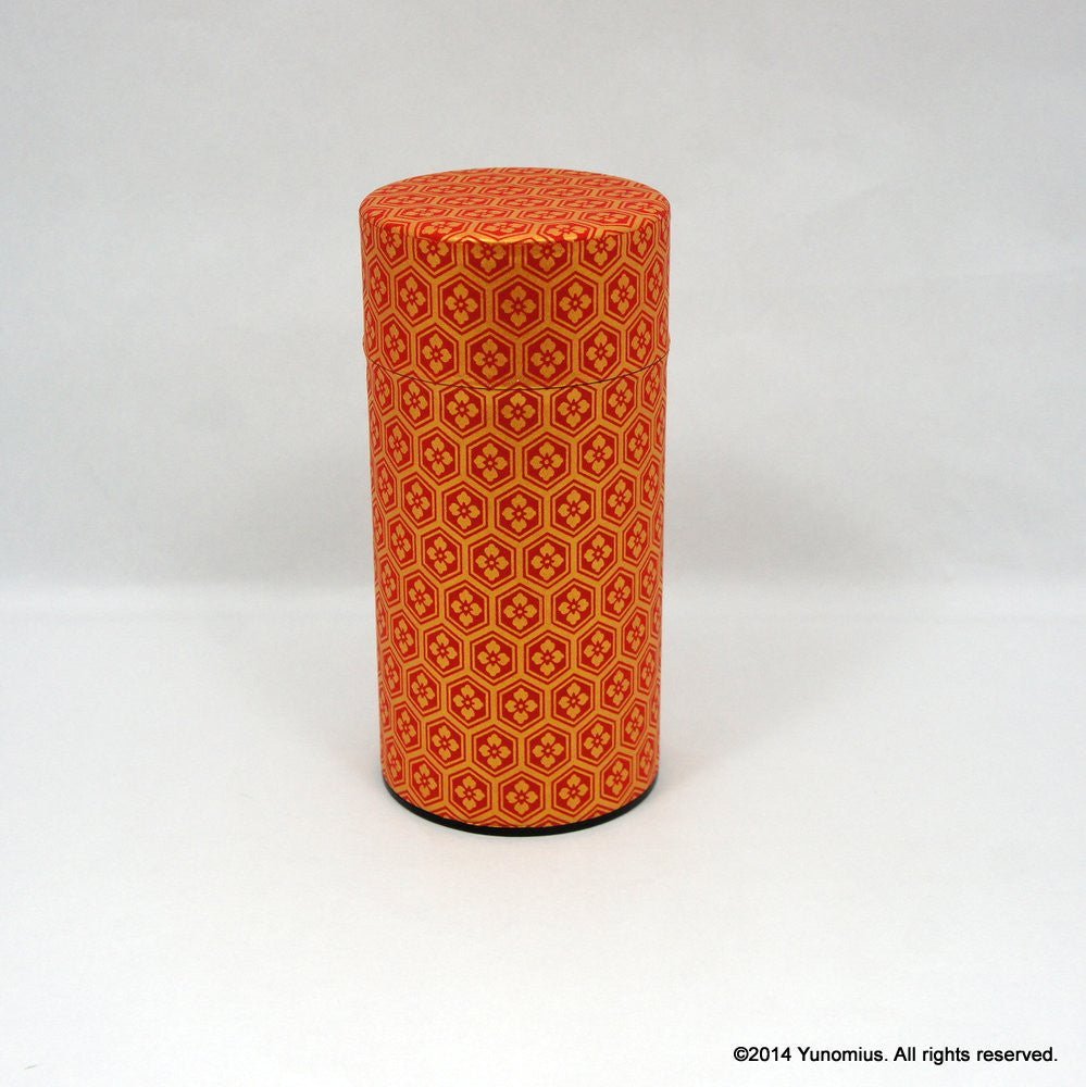 Okumura Seikan: Tea Canister, Chiyogami Washi Paper, Red and Gold Tortoiseshell Pattern (size for 175g sencha) - natsumiya.live