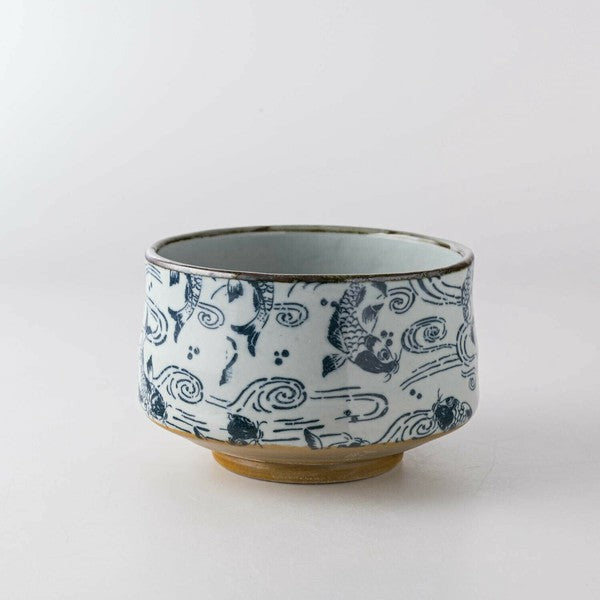 Carp in Waves Pattern Matcha Bowl in Wooden Gift Box