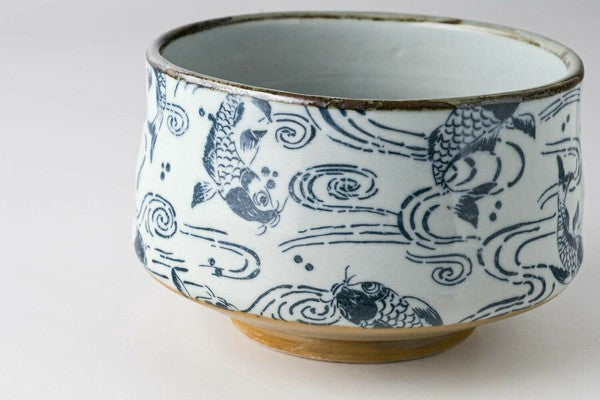 Carp in Waves Pattern Matcha Bowl in Wooden Gift Box