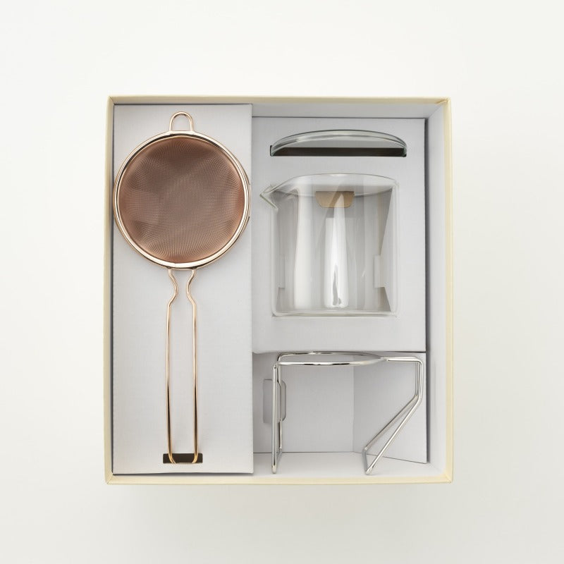 Three Snow: Tea Strainer and Glass Kyusu Set (Pink Gold - blackens as it ages)
