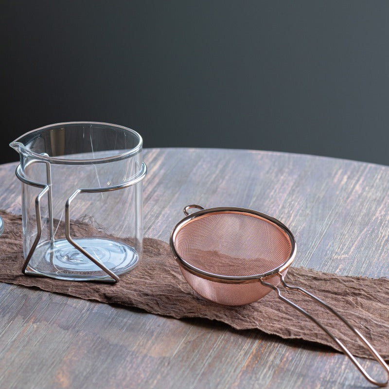 Three Snow: Tea Strainer and Glass Kyusu Set (Pink Gold - blackens as it ages)