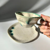 Hiroshi Hirai: Heart Shaped Cup & Saucer Set, Green Accents - natsumiya.live