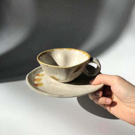 Hiroshi Hirai: Heart Shaped Cup & Saucer Set, Yellow Accents - natsumiya.live