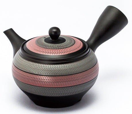 Koizumi: Left-handed Silver & Pink Striped Tokoname Kyusu Tea Pot by Kiln Tosei, 330 ml, 8-193 【陶聖】２色ルレット左手急須 - natsumiya.live