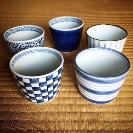 Saikai Ceramics: 5-piece Aritayaki Soba Cup Set, Indigo Design Series - natsumiya.live
