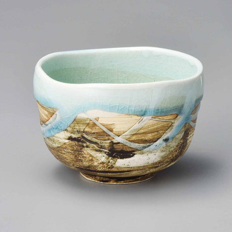 Yamaki Ikai M1411: Retro Blue and White Minoyaki Matcha Tea Bowl (Kakurin Ceramics) 【抹茶碗】カク林青白彩小抹茶 - natsumiya.live